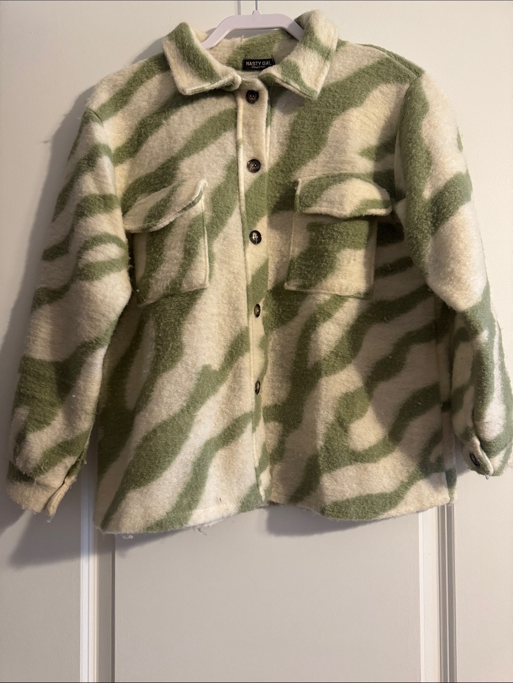 Nasty Gal Olive & Cream Zebra-Print Button Shacket
